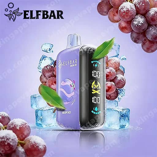Twee Elfbar-apparaten – een paarse druivenijsfles en een zwarte vape met display – omgeven door druiven, ijsblokjes en groene bladeren tegen een lavendelachtergrond.