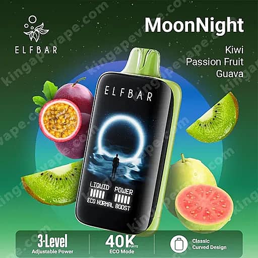 Appareil à vape Moonnight Elfbar en noir avec un anneau lumineux sur son écran, entouré de tranches de kiwi, de fruit de la passion et de goyave sur un fond dégradé vert à sarcelle ; .