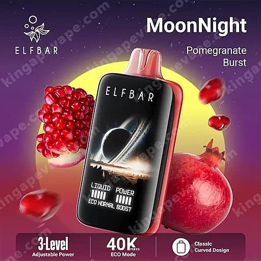 Vape jetable Moonnight Pomegranate Burst par Elfbar : un appareil incurvé noir avec un embout rose, illustré sur un rayon de soleil jaune avec des images de grenade, mettant en évidence une puissance à 3 niveaux et 40 000 bouffées.