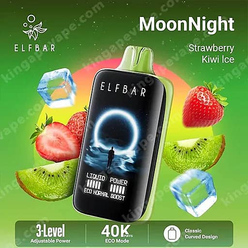 Moonnight By Elfbar, un Pod Vape noir brillant avec un embout vert, sur un fond dégradé vert avec des fraises, des kiwis et des glaçons, étiqueté Fraise Kiwi Ice et mettant en évidence une puissance réglable sur 3 niveaux et un mode Eco 40K.