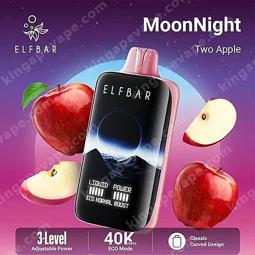 La vape jetable Moonnight Elfbar avec un embout rose et un corps incurvé noir étiqueté Elfbar est présentée parmi des pommes entières et tranchées sur un fond de ciel nocturne violet, avec deux saveurs de pomme avec une puissance avancée à 3 niveaux et un mode écologique de 40 000 bouffées dans un design incurvé classique.