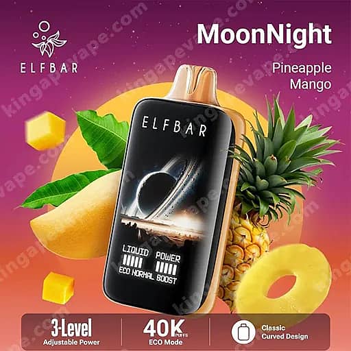Vape jetable Elfbar Moonnight dans un appareil rectangulaire incurvé noir étiqueté Moonnight Pineapple Mango, affiché avec des images d'ananas et de mangue sur un fond dégradé violet avec une forme de soleil jaune et des icônes indiquant 40 000 bouffées et une puissance à 3 niveaux.