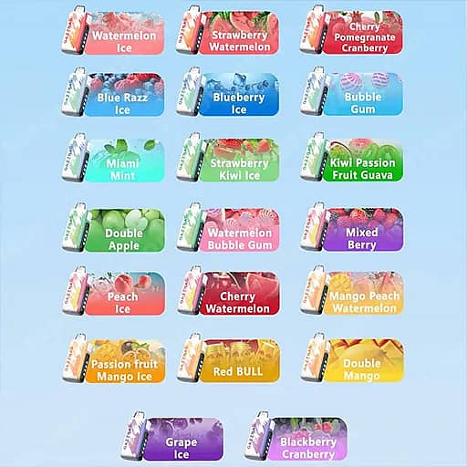 Una griglia di piccole icone colorate con etichette di sapore su uno sfondo azzurro, con ghiaccio di anguria, anguria alla fragola, mirtillo rosso ciliegia melograno, ghiaccio Blue Razz, ghiaccio al mirtillo, gomma da masticare, Miami Mint, ghiaccio alla fragola kiwi, kiwi frutto della passione Guava, doppia mela, gomma da masticare all'anguria, frutti di bosco misti, ghiaccio alla pesca, anguria alla ciliegia, anguria alla pesca al mango, ghiaccio al mango al frutto della passione, toro rosso, doppio mango, uva .