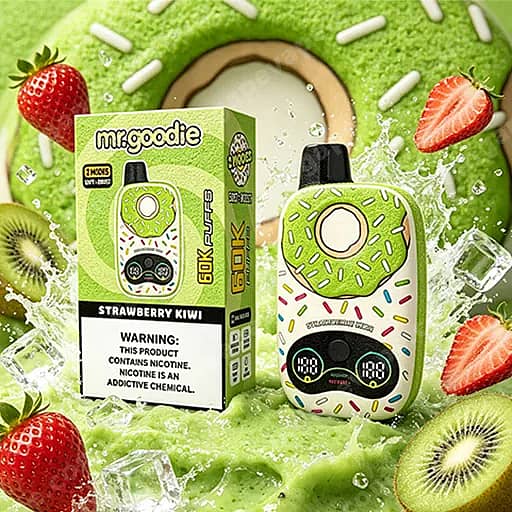 Mint-Green Vape Device With A Donut-Shaped Top And Sprinkles, Paired With A Matching Strawberry Kiwi Box, Placed Among Strawberries, Kiwis, And Ice On A Bright Green Background.