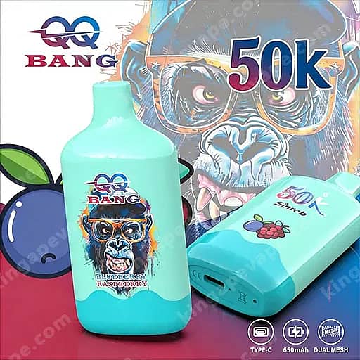 Two Turquoise Bang Energy Bottles, One Upright With A Monkey Wearing Goggles On The Label And The Words Blueberry Raspberry, The Other On Its Side; The Background Features A Colorful Gorilla And A Large 50K Text.