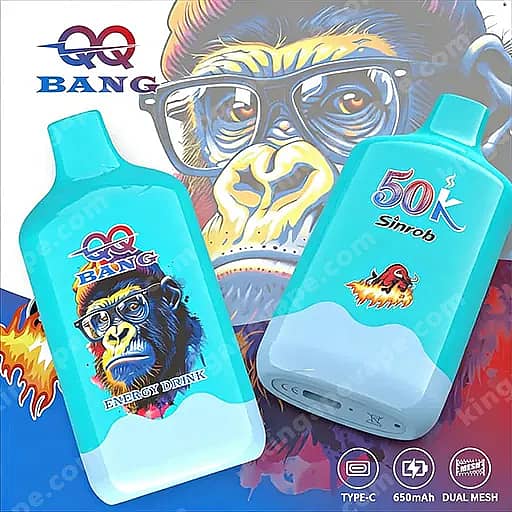 Two Bright Turquoise Energy-Drink Bottles With Cartoon Primate Illustrations On Their Labels; The Left Bottle Features A Monkey Wearing Glasses With The Bang Logo And The Words 'Energy Drink,' While The Right Bottle Shows '50K Sinrob' With A Small Eruption Icon, Set Against A Vibrant Background That Includes A Large Ape Portrait.