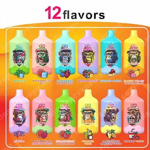Display Labeled '12 Flavors' Featuring Twelve Colorful Juice Bottles With Cartoon Monkey Logos Arranged In Two Rows Against An Orange Background.
