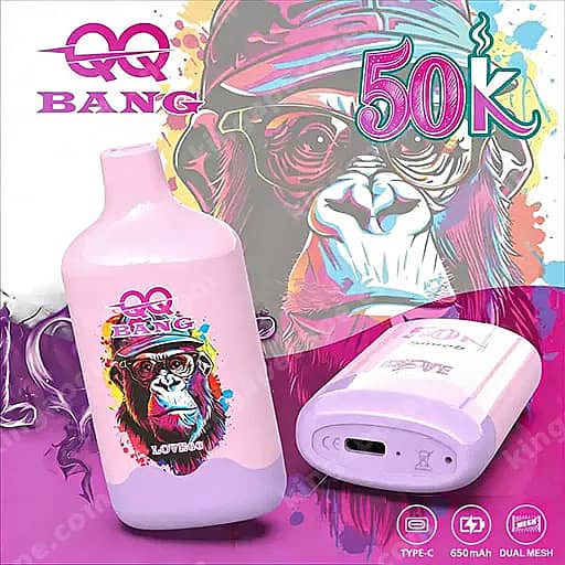 Pink Bottle Featuring A Graffiti-Style Monkey And The Qq Bang Logo Sits Beside A Small White Usb-C Device On A Purple-Pink Background With A Large 50K Graphic.