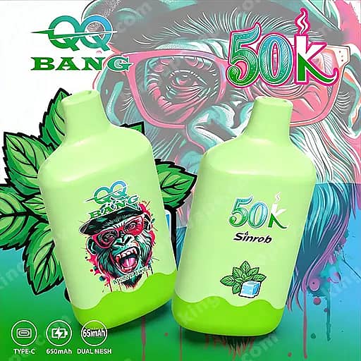 Two Fluorescent Green Plastic Bottles With Lime-Green Bases Stand In Front Of A Colorful Graffiti Backdrop; The Left Bottle Features A Cartoon Monkey Wearing Pink Sunglasses, While The Right Bottle Is Labeled '50K Sinrob' With A Small Leaf Graphic.