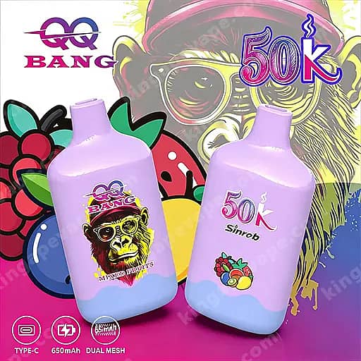 Two Lavender Vape Juice Bottles With Cartoon Designs Sit On A Colorful Graffiti Background; The Left Bottle Features A Monkey Wearing Sunglasses, While The Right Bottle Shows A '50K' Logo With A Fruit Graphic.