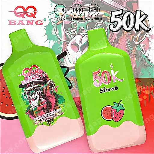 Two Bright Green Squeeze Bottles With Pink Liquid At The Bottom Sit Against A Colorful Graffiti Background; The Left Bottle Features A Cartoon Monkey Wearing A Cap With Watermelon Imagery And The Word Watermelon On The Label, While The Right Bottle Shows A '50K Sinrob' Label With A Strawberry Illustration.