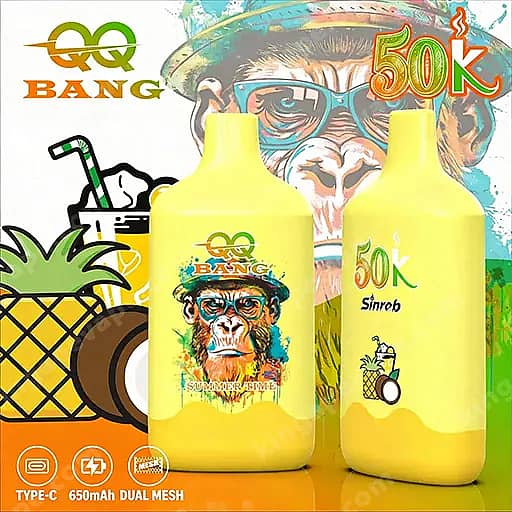 Two Bright Yellow Bottles With Cartoon Monkey-Faced Labels, Wearing Hats, Set Against A Tropical Background With Pineapples And The Prominent '50K' And 'Bang' Branding.