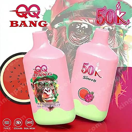 Two Pink Squeeze Bottles With Green Bottoms Labeled Qq Bang; The Left Bottle Features A Cartoon Monkey In Glasses With 'Watermelon Dragon Fruit' Text, While The Right Bottle Shows A '50K' Price Mark And Fruit Graphic, Set Against A Colorful Background With A Watermelon Motif.