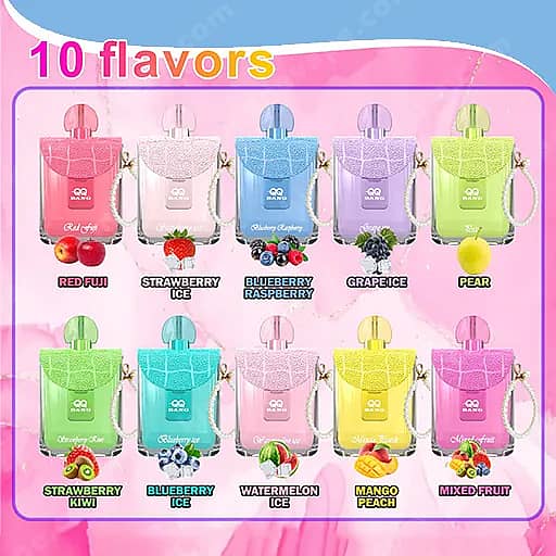Two Rows Of Five Pastel-Colored, Perfume-Style Bottles On A Pink Background With A '10 Flavors' Header, Each Bottle Labeled With A Fruit Flavor Such As Red Fuji, Strawberry Ice, Blueberry Raspberry, Grape Ice, Pear, Strawberry Kiwi, Blueberry Ice, Watermelon Ice, Mango Peach, And Mixed Fruit.