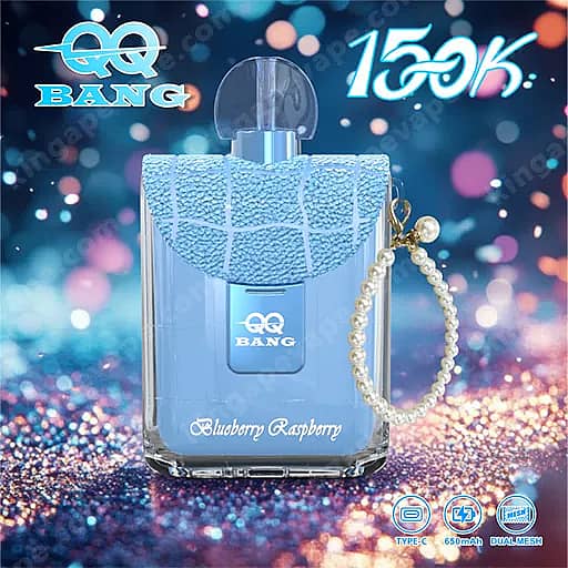 A Blue Glass Perfume Bottle Labeled Blueberry Raspberry By Qq Bang, With A Light-Blue Lace Wrap Over The Cap And A Pearl Bracelet Attached, Set Against A Sparkling Blue Background With Bokeh Lights And The Qq Bang Logo.