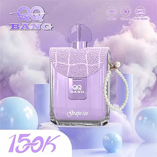 Purple Glass Perfume Bottle Labeled 'Grape Ice' By Bang, Featuring A Textured Lavender Cap And A Pearl-Embellished Neck, Set Against A Dreamy Lavender Background With Clouds And Soft Blue Spheres.