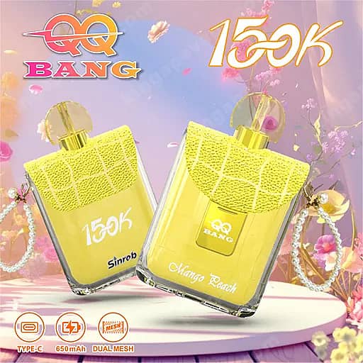 Two Bright Yellow Bottles With Textured Gold Caps Sit On A Pink Floral Backdrop, Featuring The Qg Bang Logo In The Upper Left And A Large Gold '150K' Caption In The Upper Right, Surrounded By Decorative Petals And Jewelry.