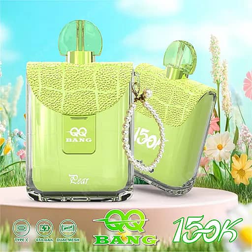 Two Lime-Green Perfume Bottles With A Textured Pattern And Translucent Green Caps Sit On A Light Pedestal In A Bright Garden With Flowers; The Leaning Bottle On The Right Has A Pearl-Like Chain Around Its Neck, And A Green '150K' Label Appears At The Bottom.