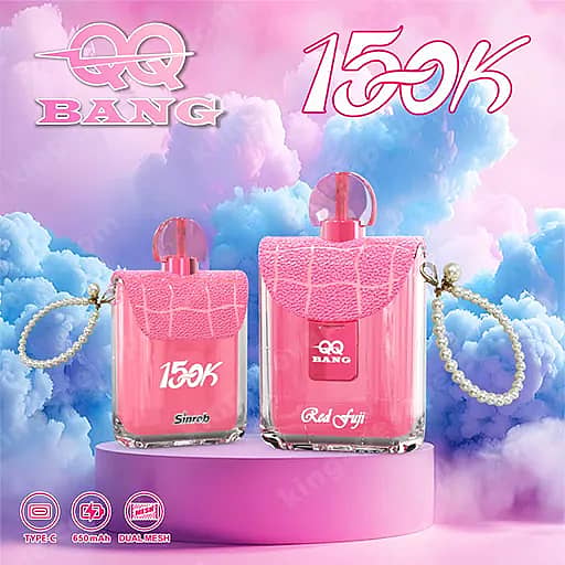 Two Pink, Textured Perfume Bottles With Pink Dome Caps And Pearl Chains Sit On A Pink Pedestal Against A Pastel Pink And Blue Cloudy Background.