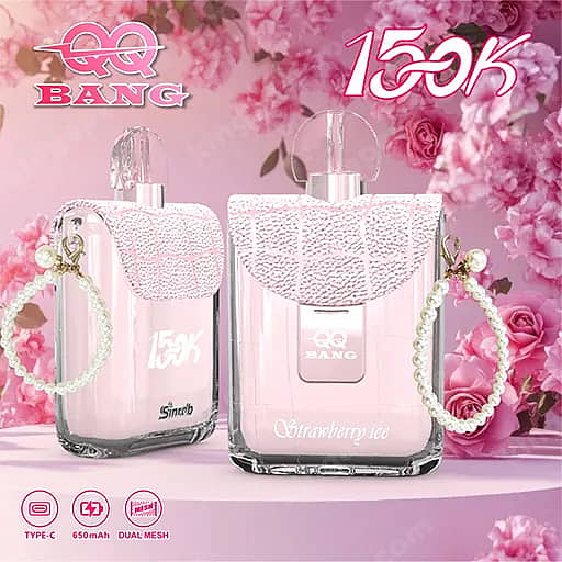 Two Pink Glass Perfume Bottles With A Textured, Crystal-Like Front And Pearl Chain Accessories Sit On A Pink Surface Against A Pink Floral Background, With Branding Text '150K'.