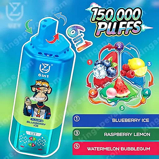 Blue Vape Device With A Cartoon Character On Its Label Sits On The Left, A Colorful Flavor Wheel Showing Blueberry Ice, Raspberry Lemon, And Watermelon Bubblegum On The Right, And The Headline 150,000 Puffs Against A Blue-To-Green Gradient Background.