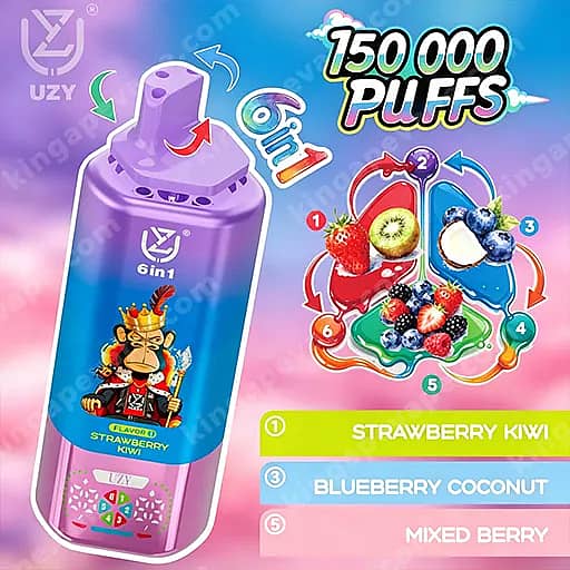 A Purple 6-In-1 Vape Device With A Playful Cartoon Character On The Label Stands Beside A Colorful Flavor Wheel Advertising 150,000 Puffs And Listing Strawberry Kiwi, Blueberry Coconut, And Mixed Berry Flavors.