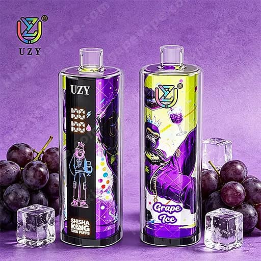Due bottiglie di Vape Uzy con grafica viola e gialla siedono su uno sfondo viola; .