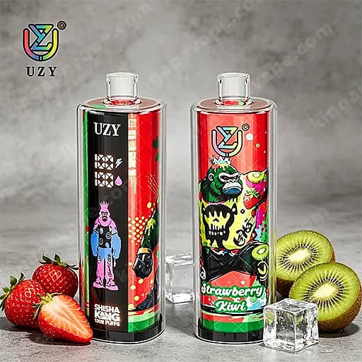 Due bottiglie Vape in vetro trasparente con etichette colorate siedono su una superficie grigia; .