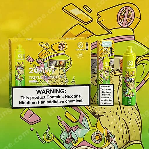 Ljusgul visning av Nikotinvaping-produkter, inklusive förpackade kit och en flaska med limegröna accenter, och en framträdande varningsetikett med texten 'Denna produkt innehåller nikotin. '