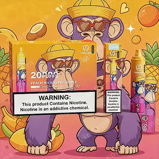Färgglad visning av Nikotin Vape-produkter med tecknade apor som bär gula hattar; .