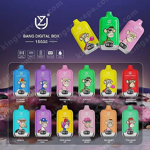 Poster promozionale da 15 bignè della Bang Digital Box con tre grandi bottiglie (giallo, verde, rosa) nella parte superiore e una griglia di dodici bottiglie colorate più piccole con personaggi di animali dei cartoni animati ed etichette aromatiche.