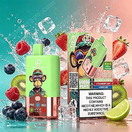 Un dispositivo de vapeo de color verde brillante con ilustraciones de monos de dibujos animados, combinado con una caja colorida con el mismo personaje, rodeada de cubitos de hielo y frutas variadas (fresas, arándanos, kiwi y lima) y una advertencia de nicotina en el empaque.