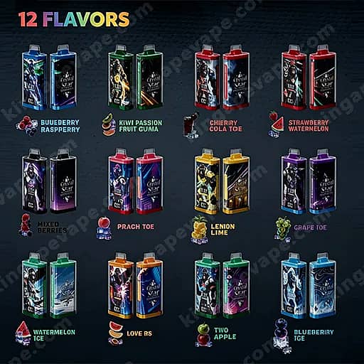 Une infographie sur un fond sombre montrant douze cartons de jus colorés disposés en quatre en travers et trois en bas, chacun avec des illustrations de fruits et une petite étiquette de saveur.