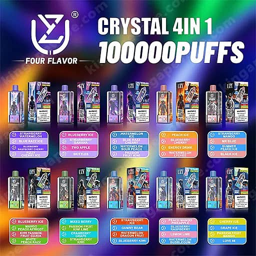Bannière promotionnelle colorée pour Crystal 4In1 1 000 000 de bouffées, comportant une rangée de bouteilles d'e-liquide assorties sur un fond dégradé vibrant.