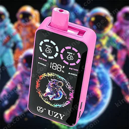 Een roze handheld elektronisch apparaat met een zwart display met twee cirkelvormige voortgangsindicatoren, een regenboog splash-afbeelding en een grote 188%-uitlezing, een roze mondstuk bovenaan en 'Uzy'-branding onderaan; .