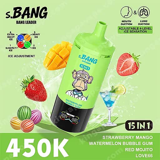 Bottiglia S.bang verde brillante con una scimmia cartone animato sull'etichetta, che promuove la gomma da masticare alla fragola, mango e anguria 15-in-1, circondata da fragole, fette di mango, pezzi di anguria e lime, su uno sfondo color lime con una grande grafica 450K.