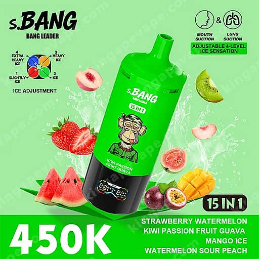 Bottiglia verde brillante di S.bang inclinata a destra con etichetta '15 in 1', circondata da frutta intera e a fette (fragola, anguria, kiwi, frutto della passione, guava e mango) su uno sfondo verde menta, con 450K mostrato in basso.