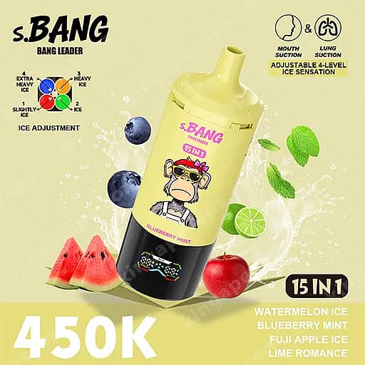 Pubblicità luminosa con una bottiglia gialla S.bang con una scimmia cartoon sull'etichetta, circondata da fette di anguria, mirtilli, foglie di menta, spicchi di lime e una mela, con la scritta '15 in 1' in grassetto e nomi di sapori tra cui ghiaccio di anguria, menta mirtillo, ghiaccio di mela Fuji e romanticismo di lime, e un grande prezzo '450K' insieme a icone per la sensazione di ghiaccio regolabile e l'aspirazione bocca/polmone.