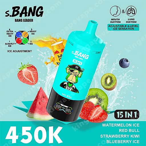 Una bottiglia d'acqua S.bang turchese brillante con un pirata cartone animato sull'etichetta, inclinato su uno sfondo verde acqua, circondato da fette di frutta (anguria, fragola, kiwi, mirtillo); .
