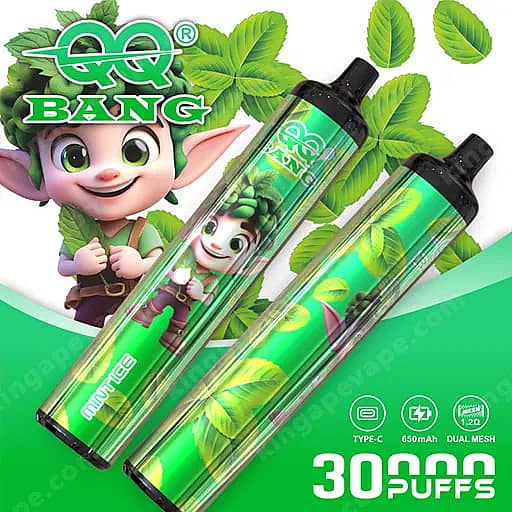 Zwei grüne Vape-Geräte mit Etiketten im Blatt-Stil und einer Cartoon-Elf-Figur vor einem grünen Hintergrund mit dem 30-Puffs-Branding.
