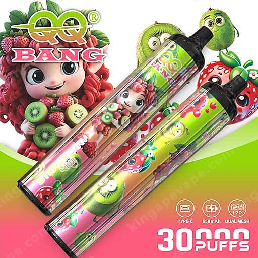Zwei transparente E-Zigaretten im Pod-Stil mit leuchtenden Cartoon-Motiven zum Thema Obst liegen diagonal auf einem rosa-grünen Hintergrund mit Farbverlauf und zeigen ein rothaariges Cartoon-Mädchen und Bilder von Kiwis, Erdbeeren und anderen Früchten. .