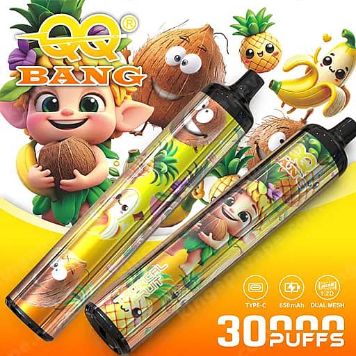 Zwei transparente Einweg-Vape-Pens mit Ananas-Grafiken und schwarzen Mundstücken, vor einem leuchtend gelben Hintergrund mit tropischen Cartoon-Figuren und dem Etikett '30 Puffs'.