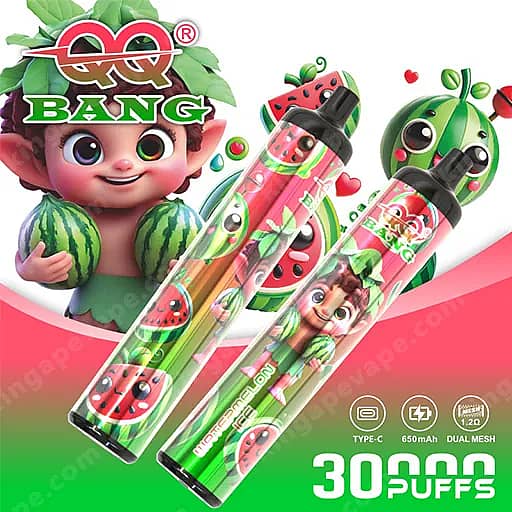 Helle Einweg-Vape-Pens im Wassermelonen-Stil mit Cartoon-Figuren auf der Verpackung werden auf einem rosa-grünen Hintergrund präsentiert, mit einer fröhlichen Figur mit Blatthaar, die Wassermelonen hält, und dem Qq-Bang-Branding mit '30 Puffs'.