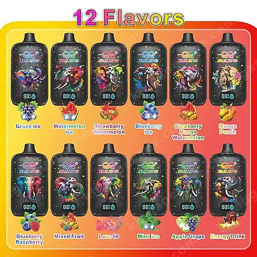 A Colorful Poster Featuring Twelve Black Vape Bottles Arranged In Two Rows On A Yellow-To-Orange Gradient Background, With A Rainbow '12 Flavors' Heading At The Top And Fruit-Themed Flavor Labels Beneath Each Bottle.