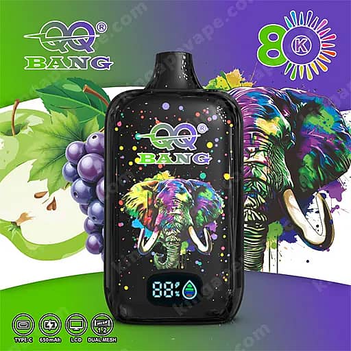 A Black Pod-Style Vape Device Featuring A Vibrant Multicolored Elephant Graphic On The Front And A Blue Led Screen Showing 88%, Set Against A Bright Green To Purple Gradient Background With Grape Imagery And Qq Bang Logos.