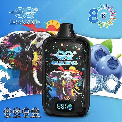 Black Qq Bang Disposable Vape With A Vivid Multicolored Elephant Graphic And The Qq Bang Logo, A Digital Display Showing 88% Battery, Set Against A Blue Background With Blueberries, Ice Cubes, And Rainbow Accents.