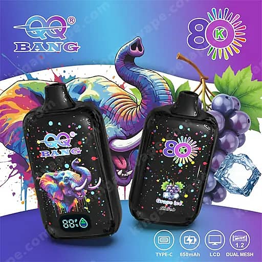 Two Black, Rectangular Vape Pods With Colorful Splash-Art Designs Sit In Front Of A Bright Blue-To-Purple Background With Fruit Graphics; The Left Pod Features A Multicolored Tentacled Creature And The Bang Logo, While The Right Pod Shows A Grape-Ice Design With A Small Fruit Graphic.