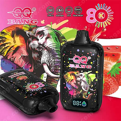 Black Pod-Style Vape Device And A Matching Curved Case, Both Adorned With A Colorful Elephant Graphic And The Bang Logo In Splatter-Paint Style, Set Against Bright Pink Packaging With Fruit Imagery (Strawberries And Watermelon) And An 80K Emblem.