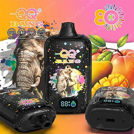 Three Black Eq Bang Vape Devices, Dominated By A Central Bottle-Shaped Mod With A Colorful Splash And Elephant Graphic, Shown Against A Bright Orange-Pink Gradient With Peaches And Mangoes In The Background.