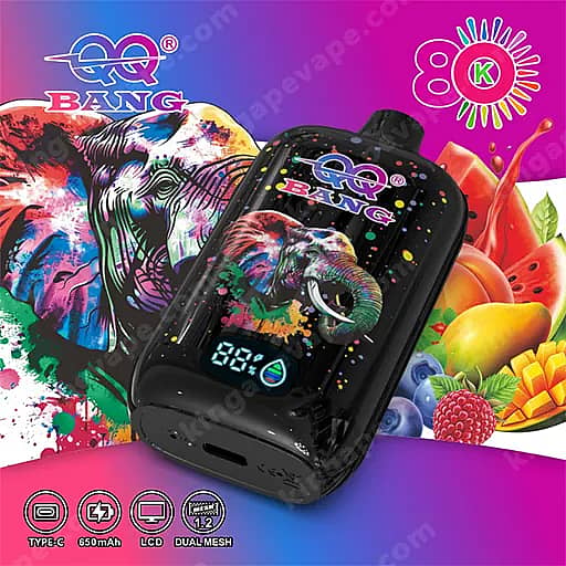 A Glossy Black Pod Vape Device Featuring A Vivid Elephant Mural On Its Body, With A Small Lcd Screen And Usb-C Port, Placed On A Bright Gradient Packaging With Fruit Imagery And The '80K' Logo.